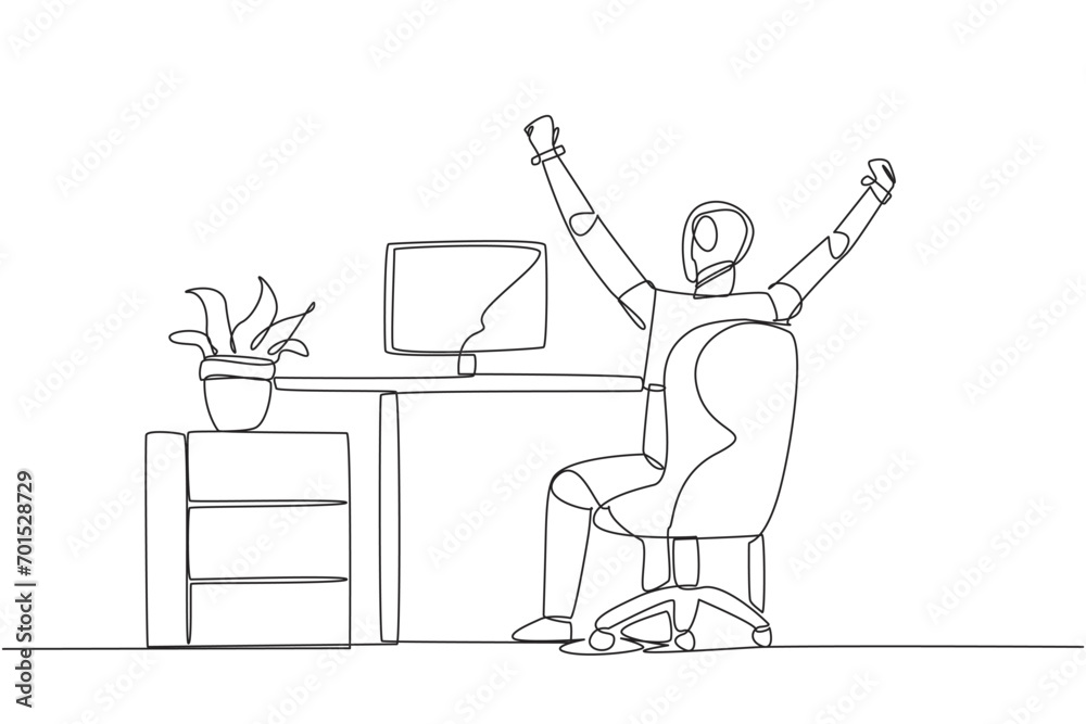 Continuous one line drawing the robot sit on chair opening and raising his hands. Stretching robot. Sitting and focusing too long. Future technology AI. Single line draw design vector illustration