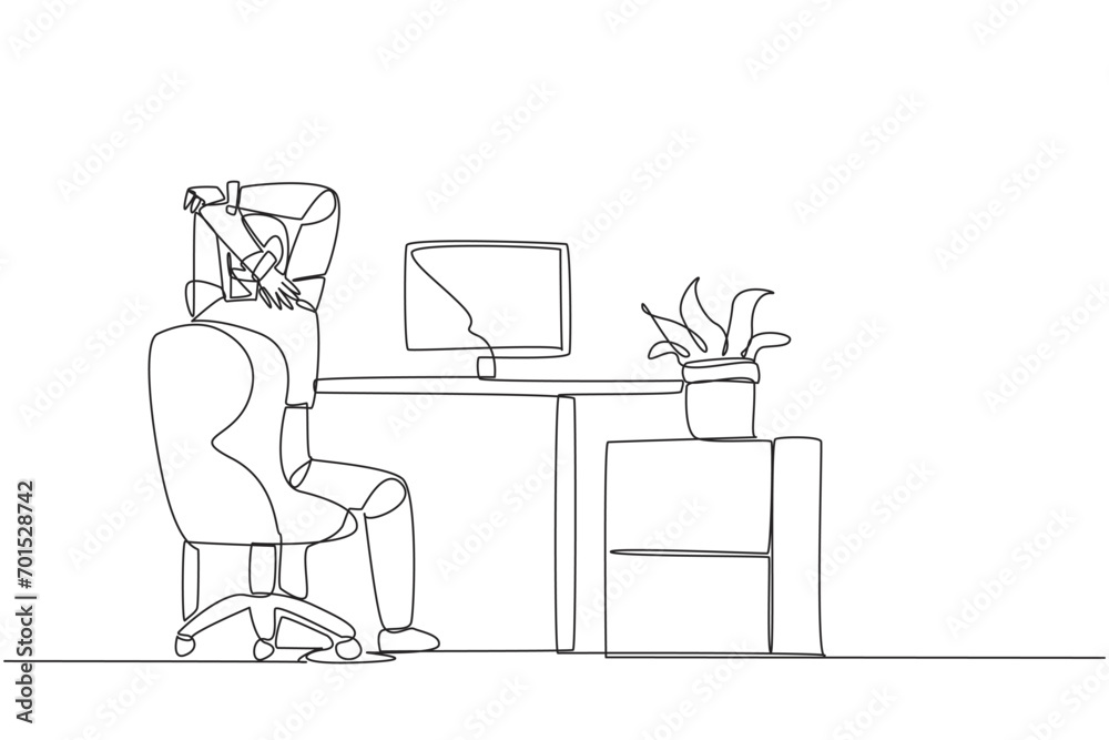 Continuous one line drawing robot sitting in a work chair warming up ...