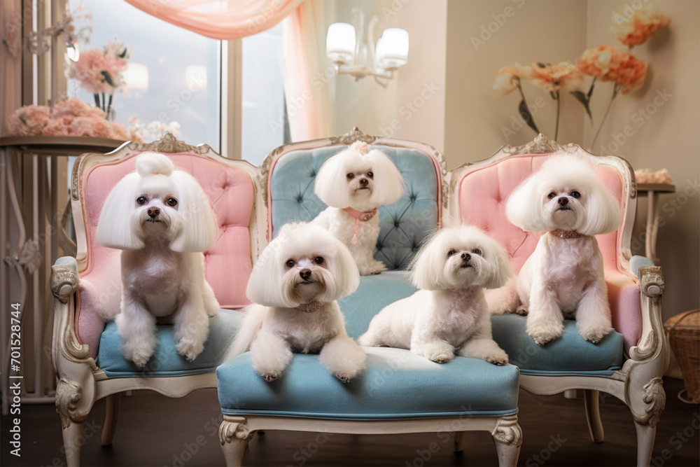 five Cute little white puppies of the Maltese breed are sitting on chairs of pink and blue tones, waiting area of a dog grooming salon five Cute little white puppies of the Maltese breed are sitting on chairs of pink and blue tones, waiting area of a dog grooming salon