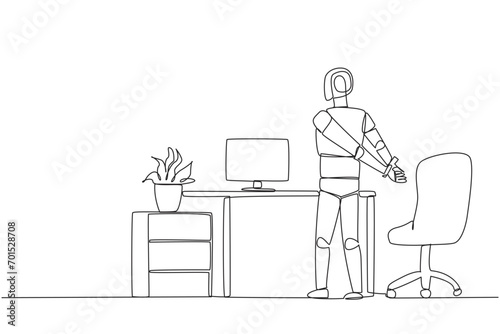 Single continuous line drawing robot stands with his hands behind his back. Stretching. Get the latest code to become smarter at exercising. Future technology. One line design vector illustration