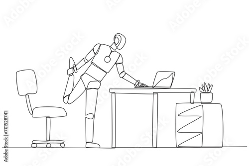 Single continuous line drawing robot standing with one leg raised and his hand typing on a laptop. Multitasking robots. Work while stretching. Future technology AI. One line design vector illustration