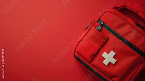 Red first-aid kit backpack on solid background photo