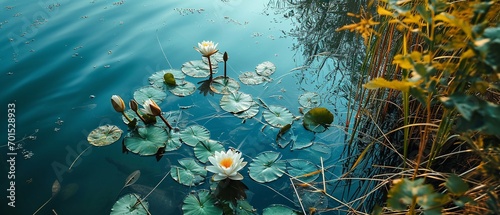 Tranquil Waters: Serene Lakeside with Water Lilies and Reeds