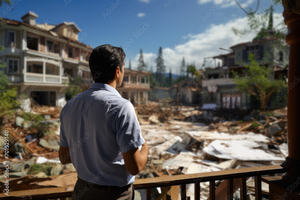 An insurance adjuster surveying a property after a natural disaster, highlighting the role of insurance in providing financial recovery and rebuilding support.  Generative Ai.
