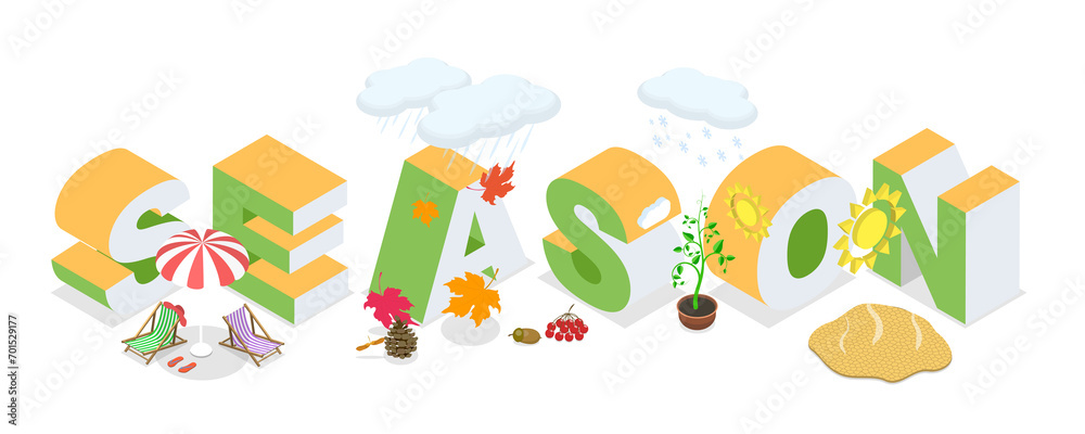 3D Isometric Flat  Illustration of Seasons Banner, Spring, Summer, Autumn, Winter