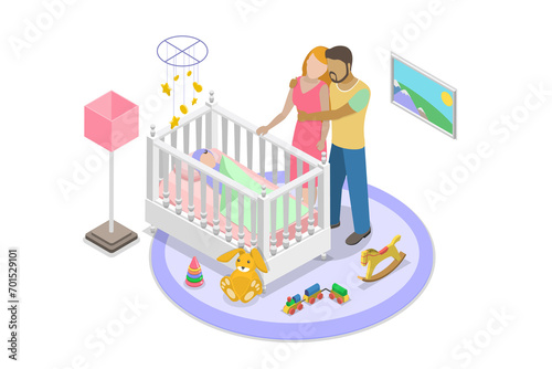 3D Isometric Flat  Illustration of Nursery Room, Sleeping Newborn Baby