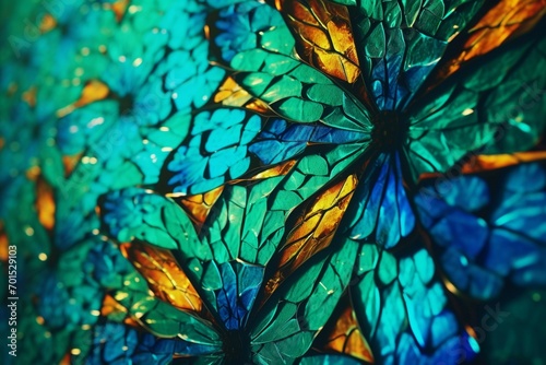 An HD close-up showcasing the detailed 3D mosaic of colors on a butterfly wing  against a rich emerald backdrop with a vivid cyan tree.