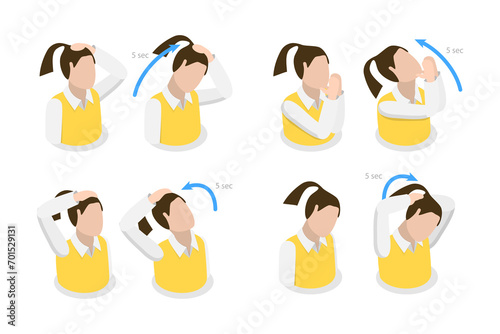 3D Isometric Flat  Illustration of Neck Stretches Instructions, Easy Office Workout photo
