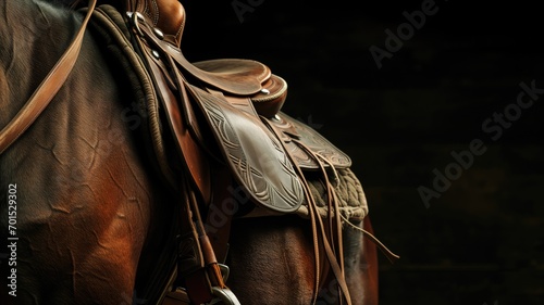 Close-up of a leather saddle on a horse against a dark background © Artyom
