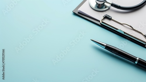 Medical clipboard and pen on a turquoise background photo