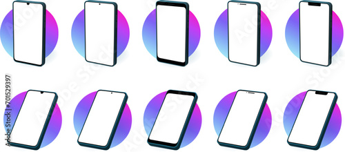 Phone 3d perspective mockup. Color iphone brand interface display with minimal copy space vector pattern. Touch screen ui interface.