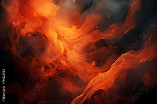 An immersive scene filled with vibrant flames dancing amidst swirling smoke, the vivid contrast of fiery oranges against darkened grays.