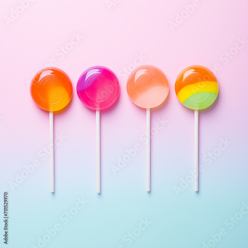 Colorful lollipops on pink background.Minimal creative food concept.Flat lay,top view,copy space.Generate AI  © sunaiart