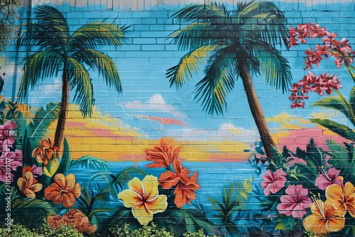 Tropical Oasis  Colorful Graffiti Mural of a Lively Paradise