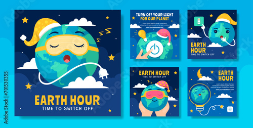Earth Hour Day Social Media Post Flat Cartoon Hand Drawn Templates Background Illustration