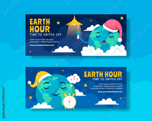 Earth Hour Day Horizontal Banner Flat Cartoon Hand Drawn Templates Background Illustration