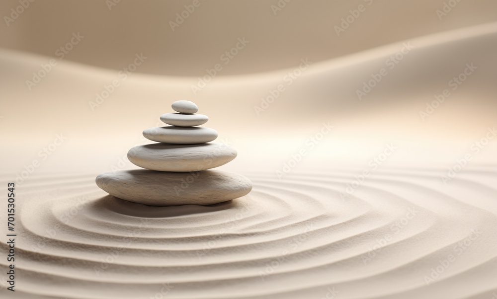 Zen stones stack on raked sand in a minimalist setting for balance and harmony. Balance, harmony, and peace of mind, wellness, meditation, and spirituality concept Zen stones stack on raked sand in a minimalist setting for balance and harmony. Balance, harmony, and peace of mind, wellness, meditation, and spirituality concept