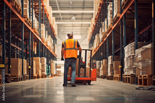 Warehouse Worker Operating Forklift Amidst Aisles with Packaged Goods