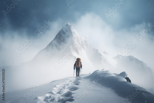 A mountaineer in mountains approaching a majestic snowy mountain peak amidst a snowfall and snow storm. Solitude and determination, adventure and challenge of climbing in extreme conditions photo