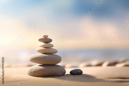 Zen stones stack on sand waves in a minimalist setting for balance and harmony