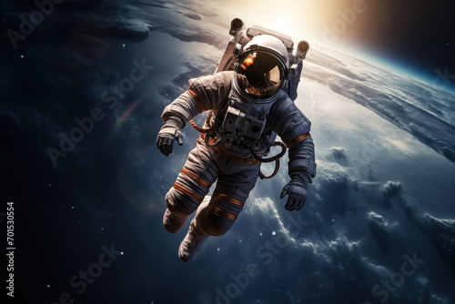 Astronaut Floating Above Earth in Space with extravehicular mobility unit and backpack. Wonder and awe of space exploration and science