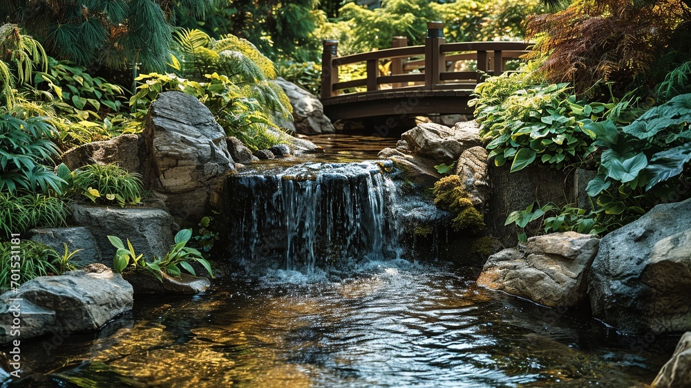 Fototapeta premium Tranquil Zen Garden: Serenity and Escape Amidst a Peaceful Rock Waterfall, Lush Greenery, and Wooden Bridge