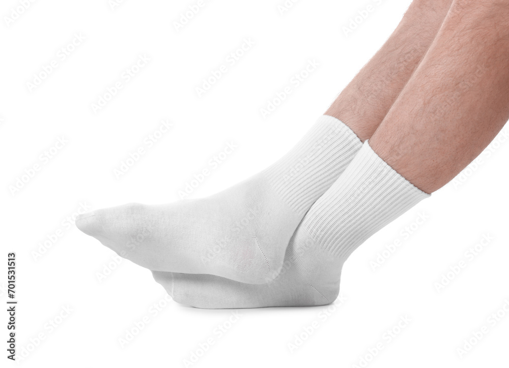Man in stylish socks on white background, closeup Man in stylish socks on white background, closeup