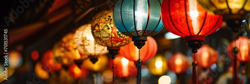 Chinese red lantern in the night of Chinese New Year of happiness, panorama colorful spring festival backgrounds with copy space. photo