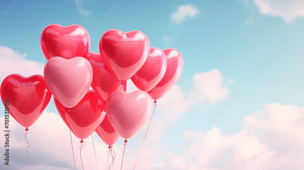 Under the serene blue sky, red and pink heart balloons create a whimsical and romantic scene, floating in the air, spreading love and joy.