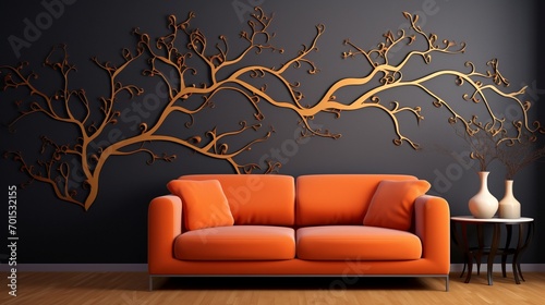 A stunning visual capturing the organic beauty of branch patterns against a solid-colored wall, elevating the ambiance of a room with a sofa.
