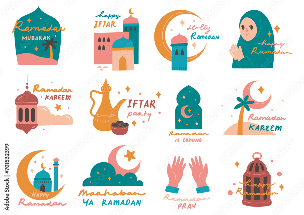 Set ramadan sticker in flat style doodle illustration, eid al fitr greeting card design elements Set ramadan sticker in flat style doodle illustration, eid al fitr greeting card design elements