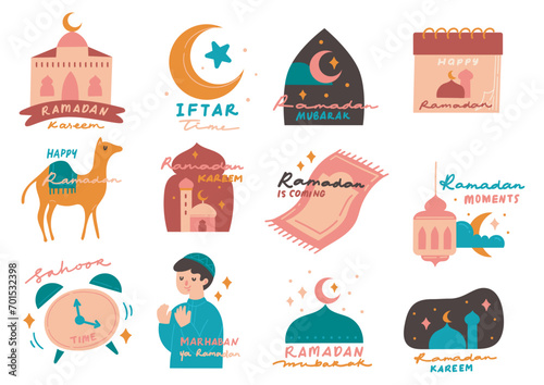 Set ramadan sticker in flat style doodle illustration, eid al fitr greeting card design elements 