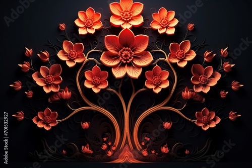 Delicate 3D intricate floral mandala in crimson hues on a deep black background with a vibrant orange tree.