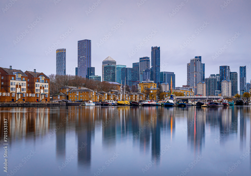 Naklejka premium View of skyscrapers in London city as seen from Surrey docks, England
