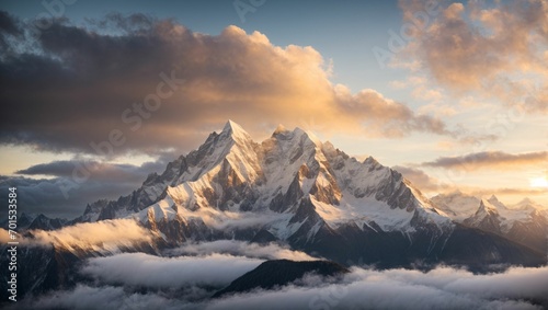 Mountain peak at sunrise, A majestic mountain peak with a golden sunrise breaking through the clouds, captures the breathtaking beauty of snow-capped peaks and a vibrant sky, generative Ai