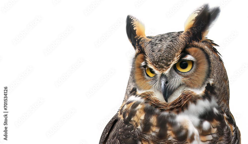 Majestic Bubo Virginianus, Close-Up of Great Horned Owl's Head, Eyes, and Feathers on White Background. Majestic Bubo Virginianus, Close-Up of Great Horned Owl's Head, Eyes, and Feathers on White Background.