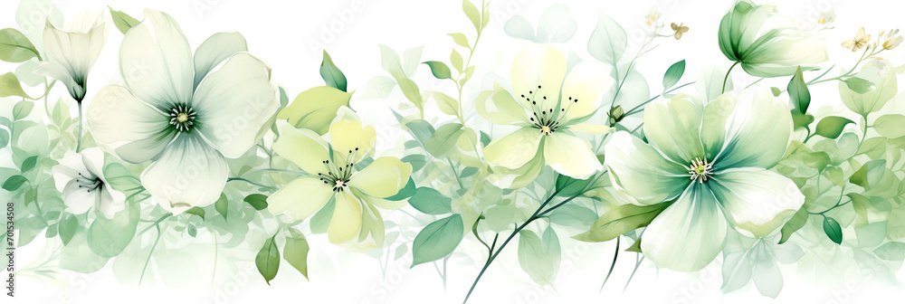 Fototapeta premium Watercolor painting. Dreamy floral background, light green and white banner with wildflowers. Artistic illustration.