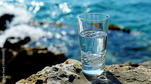 A Glass of Water Stands on Top of a Cliff Near the Ocean.
