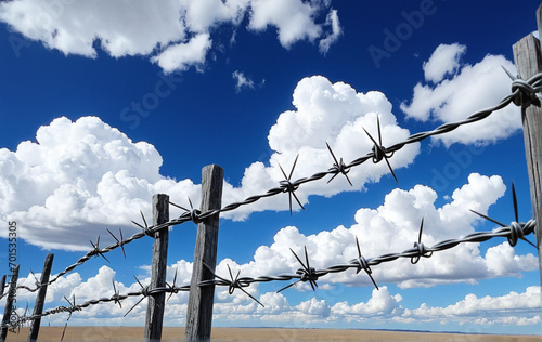 barbed wire against a background of blue sky with clouds