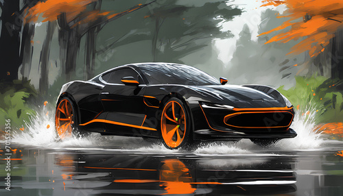 oil painting of a stunning scene of a black sports car drifting down a wet road, surrounded by lush trees on either side 