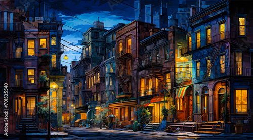 Night Time Painting Of the City With Apartment Lights at Dusk - Generative Ai © Chich