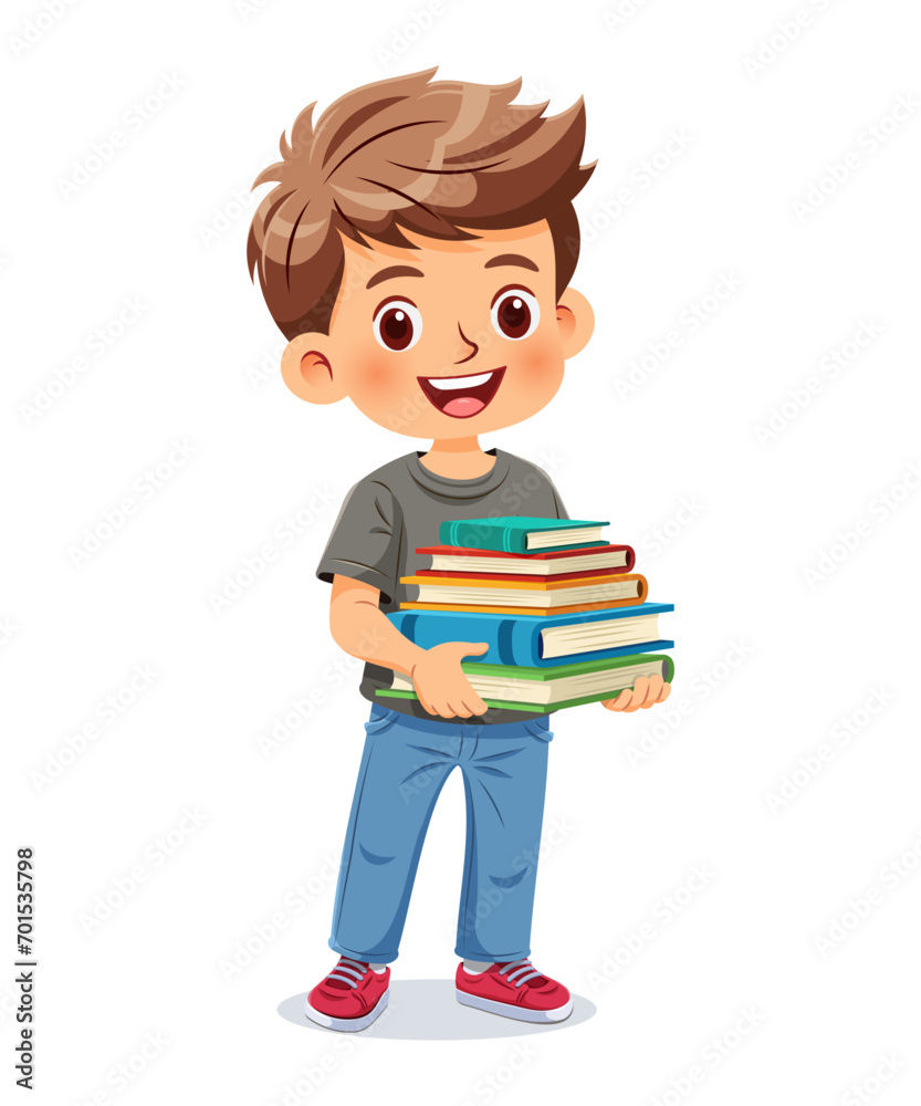 Cute little boy standing and holding a pile of books. She has joyful expression and smile Cute little boy standing and holding a pile of books. She has joyful expression and smile