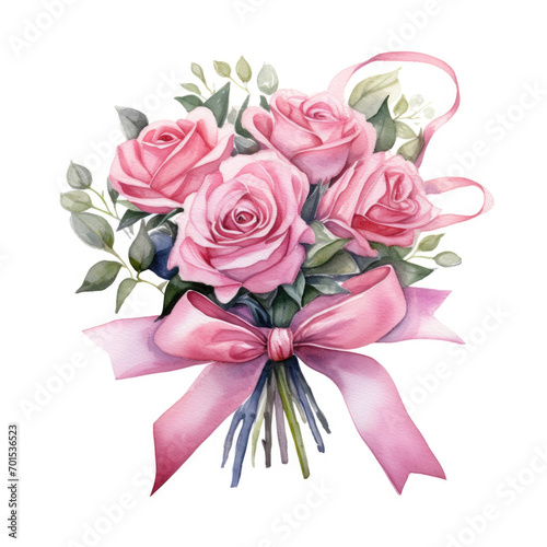 Watercolor bouquet of pink roses with ribbon on white background