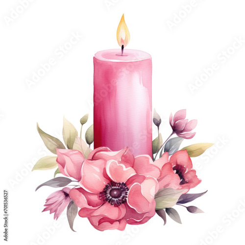 Fototapeta Naklejka Na Ścianę i Meble -  Watercolor pink candle with flowers on white background