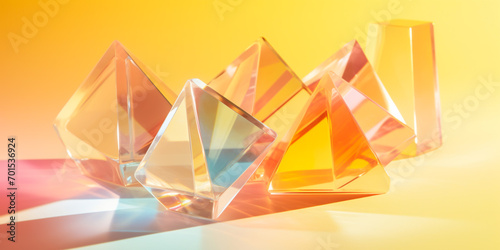 geometric prism glass Abstract background in yellow tones with close-up of shiny crystal blocks with multicolored gradient reflections on a blurred glass surface.