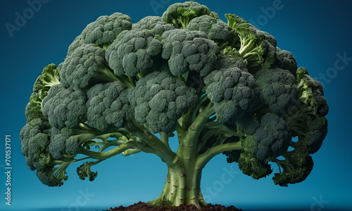 A broccoli tree is shown on a blue background