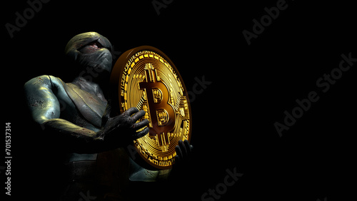 Fototapeta Naklejka Na Ścianę i Meble -  crypto man with bitcoin coin, hacker and fraudster, scammer, concept, 3d render