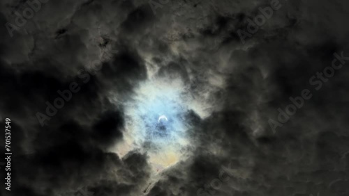 Wide handheld shot of a almost total solar eclipse behind a dark and overcast sky on a summer day in Utah of 2023 photo