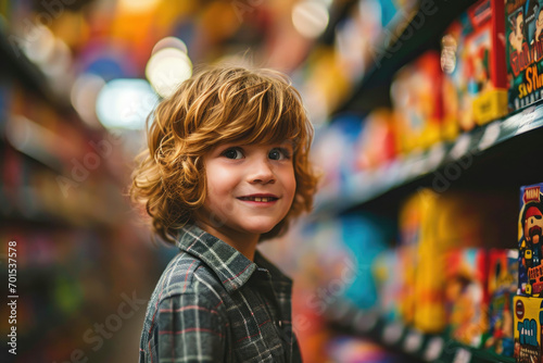 child boy smiling in aisle of toy store