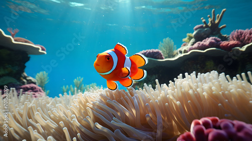 clown fish sitting in the ocean near brown anemones. photo